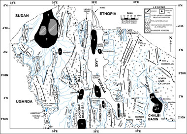 Fig. 12: Map showing probable petroleum prospective areas (shaded black or grey) in the NW Kenya rifts basins